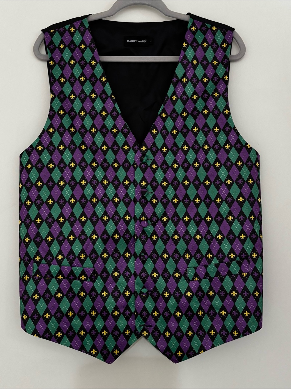 Barry Wang Men’s Sz L Mardi Gras Tuxedo Event Party Silk Vest Purple Gold Green